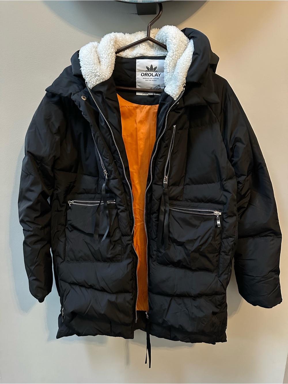 OROLAY Black Puffer Jacket with Orange Lining size L